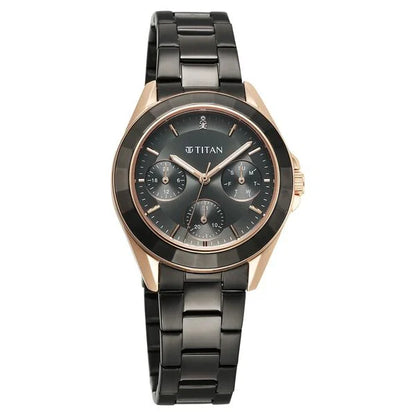 Titan Purple Glamour Quartz Multifunction Grey Dial Black Stainless Steel Strap Watch For Women nu95315km02
