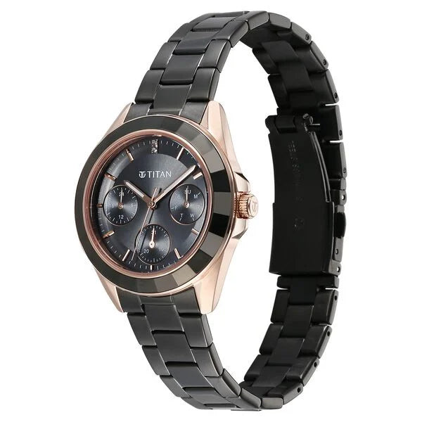 Titan Purple Glamour Quartz Multifunction Grey Dial Black Stainless Steel Strap Watch For Women nu95315km02
