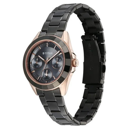 Titan Purple Glamour Quartz Multifunction Grey Dial Black Stainless Steel Strap Watch For Women nu95315km02