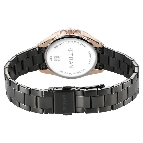 Titan Purple Glamour Quartz Multifunction Grey Dial Black Stainless Steel Strap Watch For Women nu95315km02
