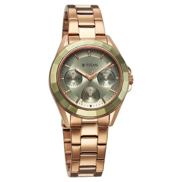 Titan Purple Glamour Quartz Multifunction Green Dial Rose Gold Stainless Steel Strap Watch For Women nu95315km03
