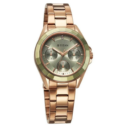 Titan Purple Glamour Quartz Multifunction Green Dial Rose Gold Stainless Steel Strap Watch For Women nu95315km03