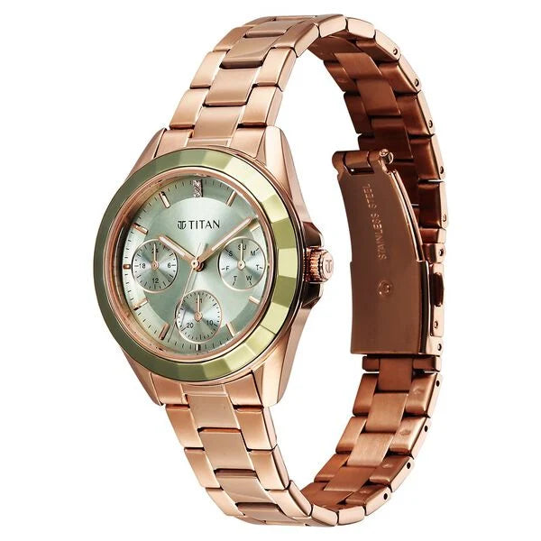 Titan Purple Glamour Quartz Multifunction Green Dial Rose Gold Stainless Steel Strap Watch For Women nu95315km03