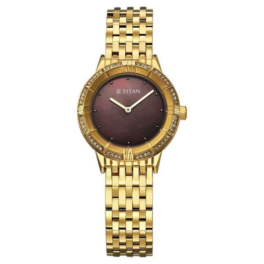 Titan Glamour Quartz Analog Brown Dial Golden Stainless Steel Strap Watch For Women 95316ym01