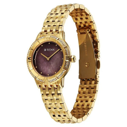Titan Glamour Quartz Analog Brown Dial Golden Stainless Steel Strap Watch For Women 95316ym01