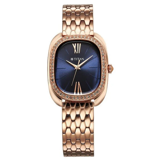 Titan Purple Glamour Quartz Analog Blue Dial Rose Gold Stainless Steel Strap Watch For Women nu95317wm01