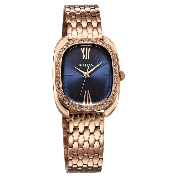 Titan Purple Glamour Quartz Analog Blue Dial Rose Gold Stainless Steel Strap Watch For Women nu95317wm01