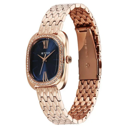 Titan Purple Glamour Quartz Analog Blue Dial Rose Gold Stainless Steel Strap Watch For Women nu95317wm01