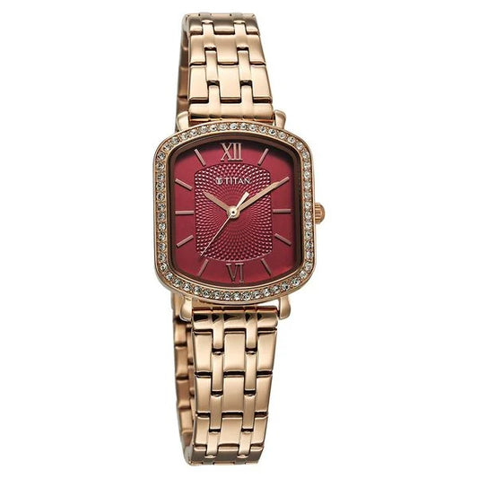 Titan Purple Metro Quartz Analog Red Dial Rose Gold Plated Stainless Steel Strap Watch For Women 95323wm01