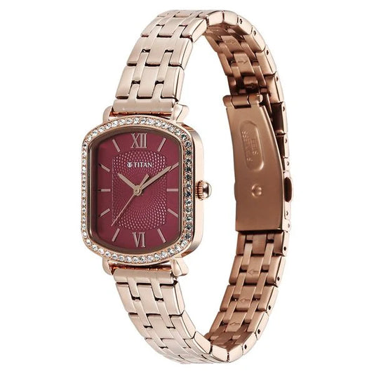 Titan Purple Metro Quartz Analog Red Dial Rose Gold Plated Stainless Steel Strap Watch For Women 95323wm01