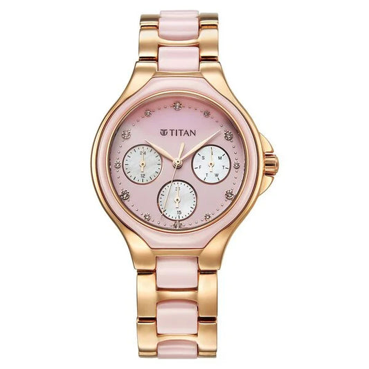Titan Glamour Quartz Multifunction Mother Of Pearl Dial Pink Ceramic & Steel Strap Watch For Women 95325kd01