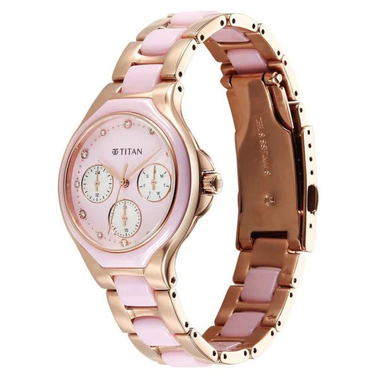 Titan Glamour Quartz Multifunction Mother Of Pearl Dial Pink Ceramic & Steel Strap Watch For Women 95325kd01