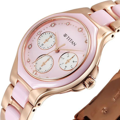 Titan Glamour Quartz Multifunction Mother Of Pearl Dial Pink Ceramic & Steel Strap Watch For Women 95325kd01