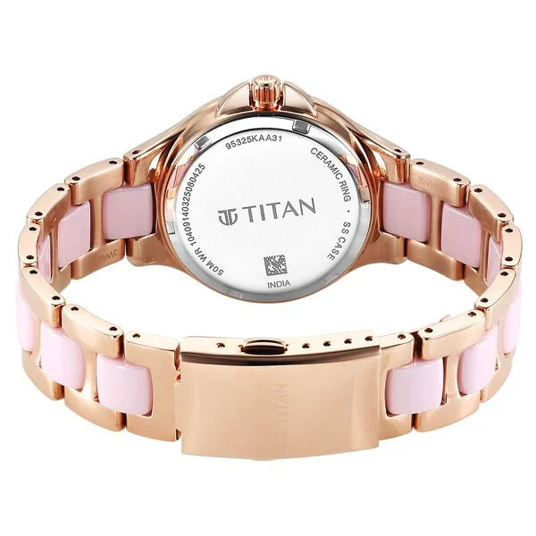 Titan Glamour Quartz Multifunction Mother Of Pearl Dial Pink Ceramic & Steel Strap Watch For Women 95325kd01