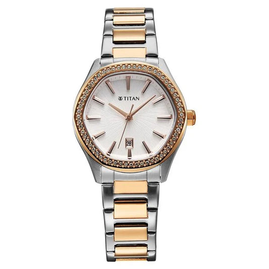 Titan Glamour Quartz Analog with Date Silver Dial Two Toned Stainless Steel Strap Watch For Women 95326km01