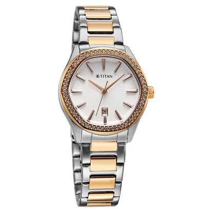 Titan Glamour Quartz Analog with Date Silver Dial Two Toned Stainless Steel Strap Watch For Women 95326km01