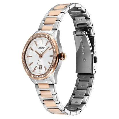 Titan Glamour Quartz Analog with Date Silver Dial Two Toned Stainless Steel Strap Watch For Women 95326km01