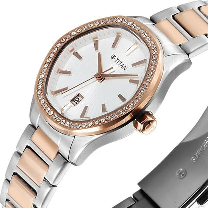 Titan Glamour Quartz Analog with Date Silver Dial Two Toned Stainless Steel Strap Watch For Women 95326km01