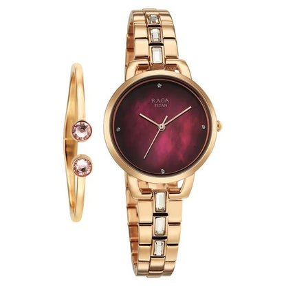 Titan Raga Glimmers Quartz Analog Red Mother of Pearl Dial Rose Gold Metal Strap Watch For Women 95327wm01f