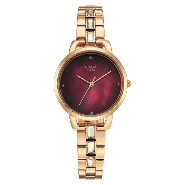 Titan Raga Glimmers Quartz Analog Red Mother of Pearl Dial Rose Gold Metal Strap Watch For Women 95327wm01f