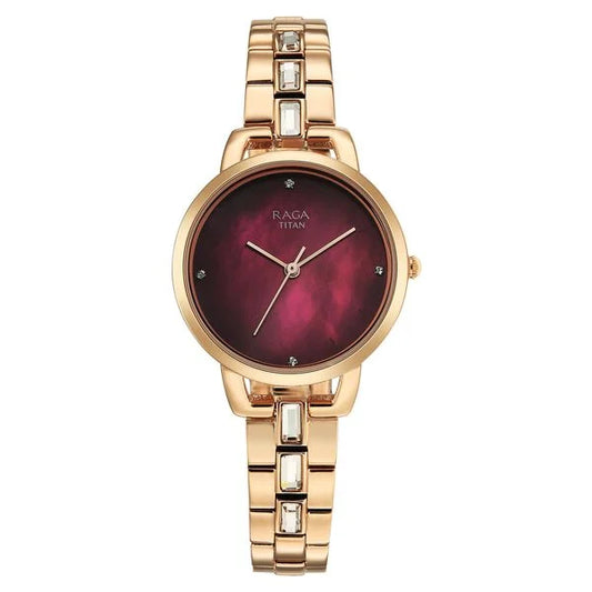 Titan Raga Glimmers Quartz Analog Red Mother of Pearl Dial Rose Gold Metal Strap Watch For Women 95327wm01f