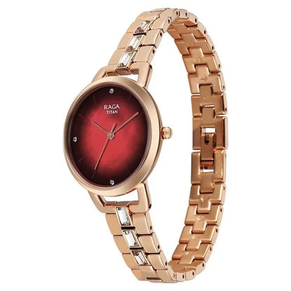 Titan Raga Glimmers Quartz Analog Red Mother of Pearl Dial Rose Gold Metal Strap Watch For Women 95327wm01f