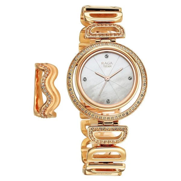 Titan Raga Glimmers Quartz Analog Mother of Pearl Dial Rose Gold Metal Strap Watch For Women nu95329wm01f