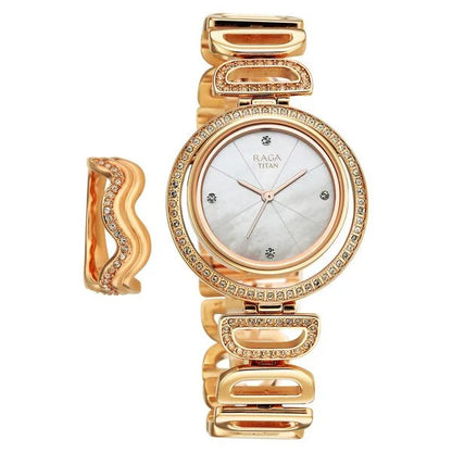 Titan Raga Glimmers Quartz Analog Mother of Pearl Dial Rose Gold Metal Strap Watch For Women nu95329wm01f