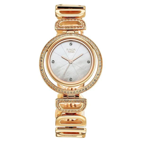 Titan Raga Glimmers Quartz Analog Mother of Pearl Dial Rose Gold Metal Strap Watch For Women nu95329wm01f