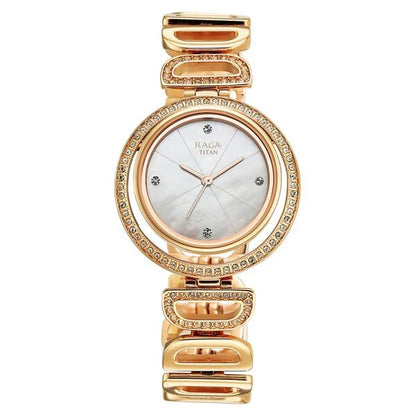 Titan Raga Glimmers Quartz Analog Mother of Pearl Dial Rose Gold Metal Strap Watch For Women nu95329wm01f