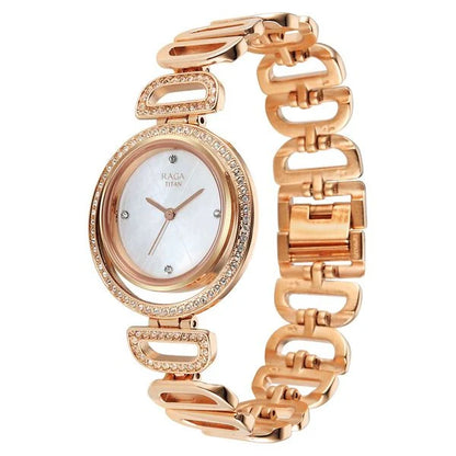 Titan Raga Glimmers Quartz Analog Mother of Pearl Dial Rose Gold Metal Strap Watch For Women nu95329wm01f