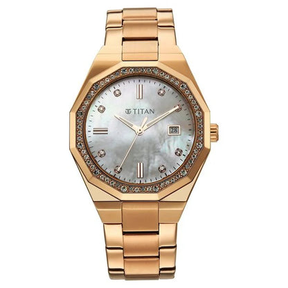 Titan Glamour Quartz Analog with Date Mother Of Pearl Dial Rose Gold Stainless Steel Strap Watch For Women 95330wm01