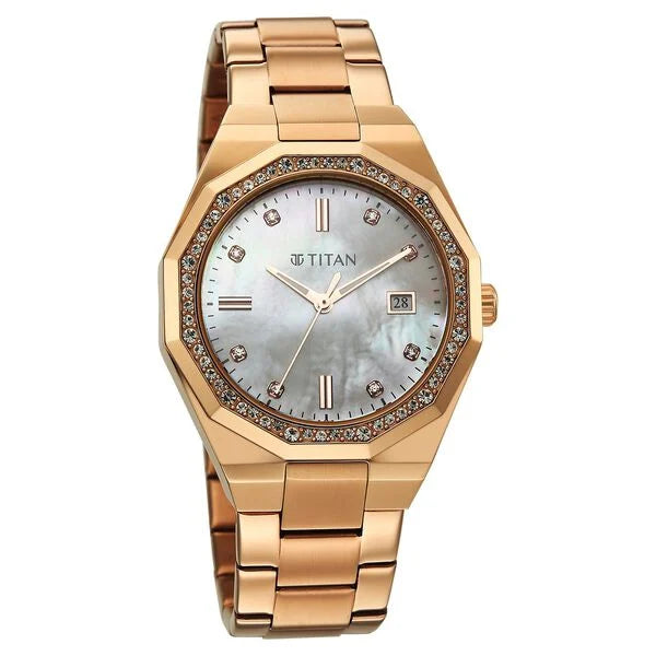 Titan Glamour Quartz Analog with Date Mother Of Pearl Dial Rose Gold Stainless Steel Strap Watch For Women 95330wm01