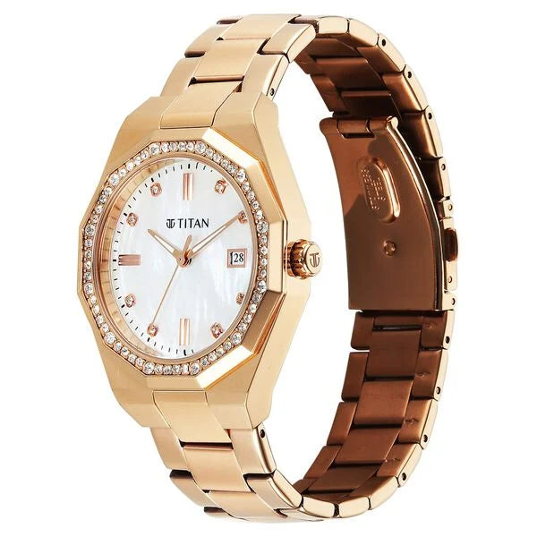 Titan Glamour Quartz Analog with Date Mother Of Pearl Dial Rose Gold Stainless Steel Strap Watch For Women 95330wm01