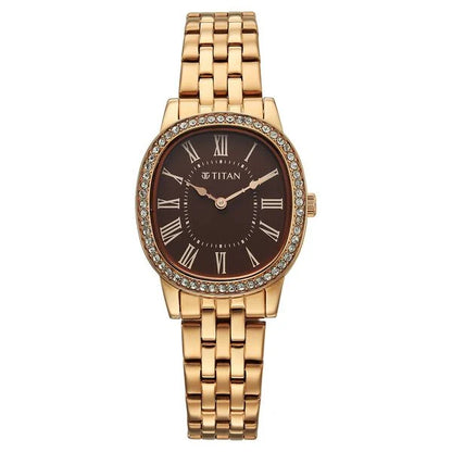 Titan Purple Glamour Quartz Analog Brown Dial Rose Gold Stainless Steel Strap Watch For Women nu95332wm01