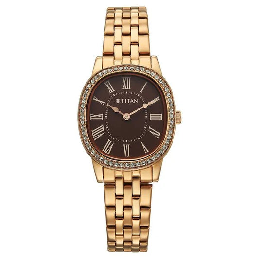 Titan Purple Glamour Quartz Analog Brown Dial Rose Gold Stainless Steel Strap Watch For Women nu95332wm01