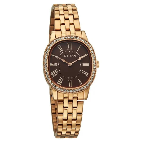 Titan Purple Glamour Quartz Analog Brown Dial Rose Gold Stainless Steel Strap Watch For Women nu95332wm01
