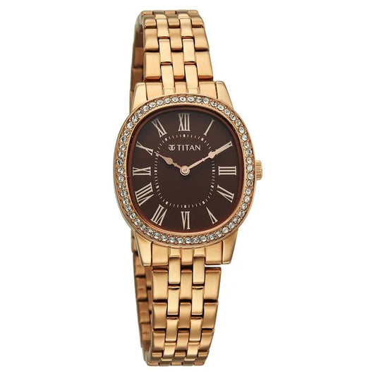 Titan Purple Glamour Quartz Analog Brown Dial Rose Gold Stainless Steel Strap Watch For Women nu95332wm01