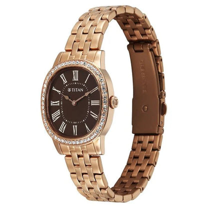 Titan Purple Glamour Quartz Analog Brown Dial Rose Gold Stainless Steel Strap Watch For Women nu95332wm01