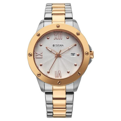 Titan Glamour Quartz Analog with Date White Dial Two Toned Stainless Steel Strap Watch For Women nu95334km01
