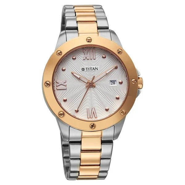 Titan Glamour Quartz Analog with Date White Dial Two Toned Stainless Steel Strap Watch For Women nu95334km01