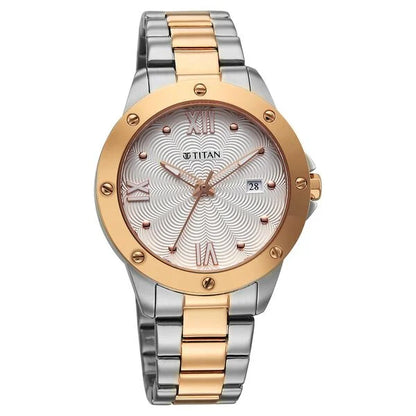 Titan Glamour Quartz Analog with Date White Dial Two Toned Stainless Steel Strap Watch For Women nu95334km01