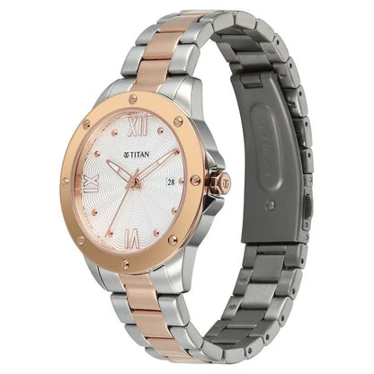 Titan Glamour Quartz Analog with Date White Dial Two Toned Stainless Steel Strap Watch For Women nu95334km01