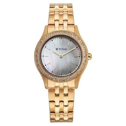 Titan Glamour Quartz Analog White Mother Of Pearl Dial Rose Gold Stainless Steel Strap Watch For Women nu95335wm01