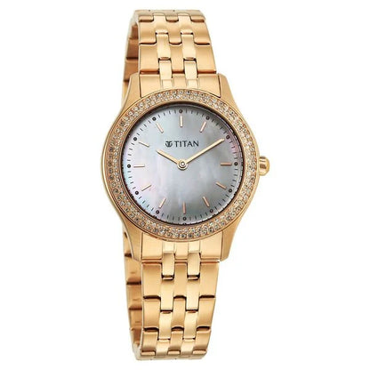 Titan Glamour Quartz Analog White Mother Of Pearl Dial Rose Gold Stainless Steel Strap Watch For Women nu95335wm01