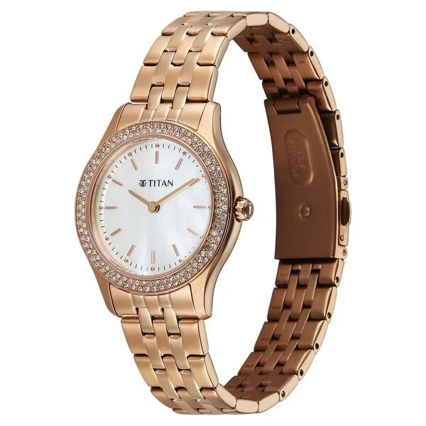 Titan Glamour Quartz Analog White Mother Of Pearl Dial Rose Gold Stainless Steel Strap Watch For Women nu95335wm01