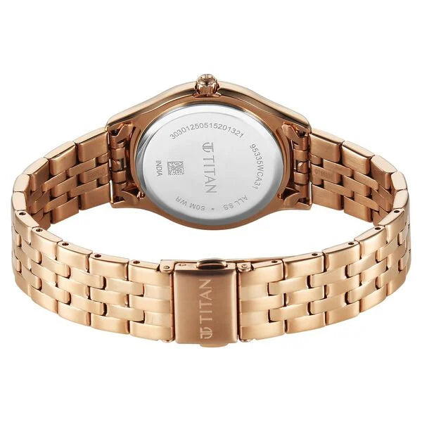 Titan Glamour Quartz Analog White Mother Of Pearl Dial Rose Gold Stainless Steel Strap Watch For Women nu95335wm01