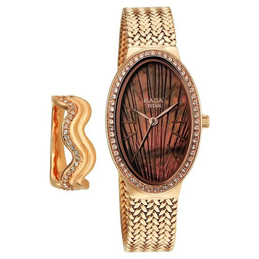 Titan Raga Glimmers Quartz Analog Brown Mother Of Pearl Dial Rose Gold Metal Strap Watch For Women nu95338wm01f