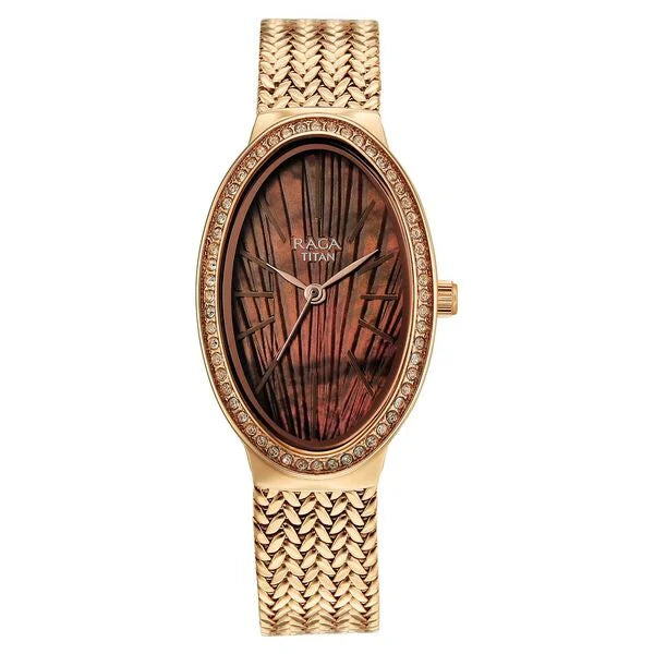 Titan Raga Glimmers Quartz Analog Brown Mother Of Pearl Dial Rose Gold Metal Strap Watch For Women nu95338wm01f