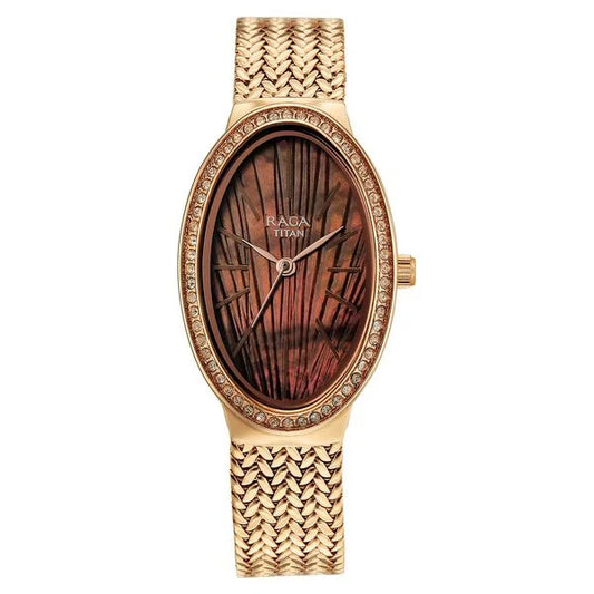 Titan Raga Glimmers Quartz Analog Brown Mother Of Pearl Dial Rose Gold Metal Strap Watch For Women nu95338wm01f